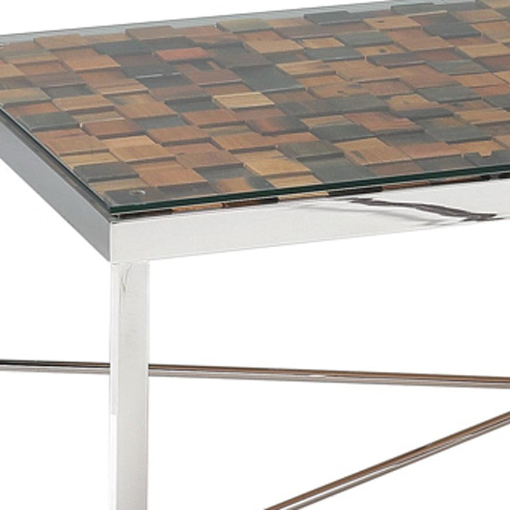 HomeRoots 14" Mosaic Wood Steel and Glass Coffee Table