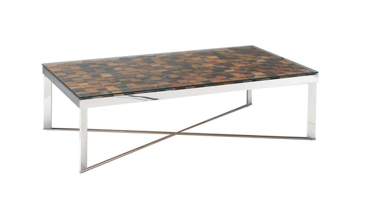 HomeRoots 14" Mosaic Wood Steel and Glass Coffee Table