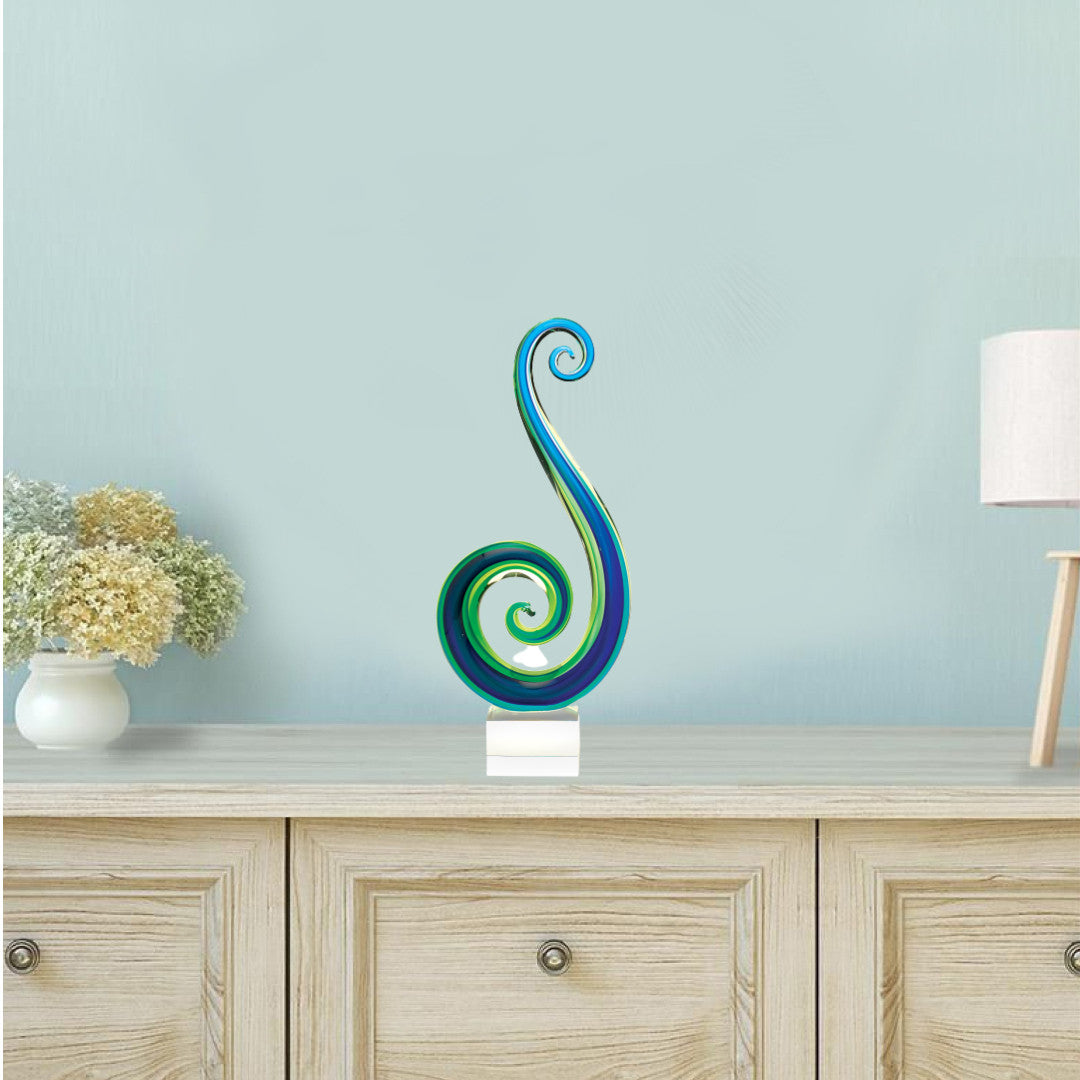 HomeRoots 14 Mouth Blown Art Glass Blue and Green Centerpiece on Base