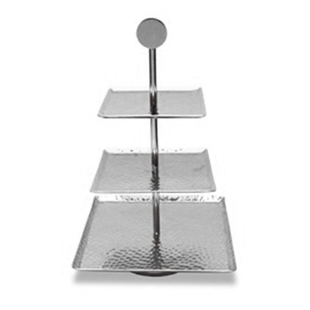 HomeRoots 14" Silver Square Stainless Steel Hammered Handmade Three Tier Tray