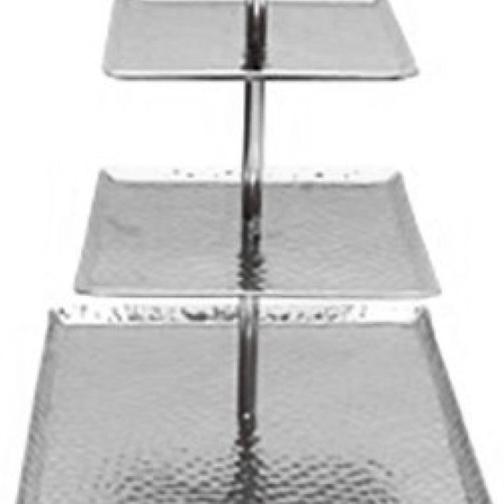 HomeRoots 14" Silver Square Stainless Steel Hammered Handmade Three Tier Tray