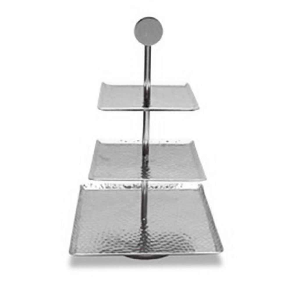 HomeRoots 14" Silver Square Stainless Steel Hammered Handmade Three Tier Tray