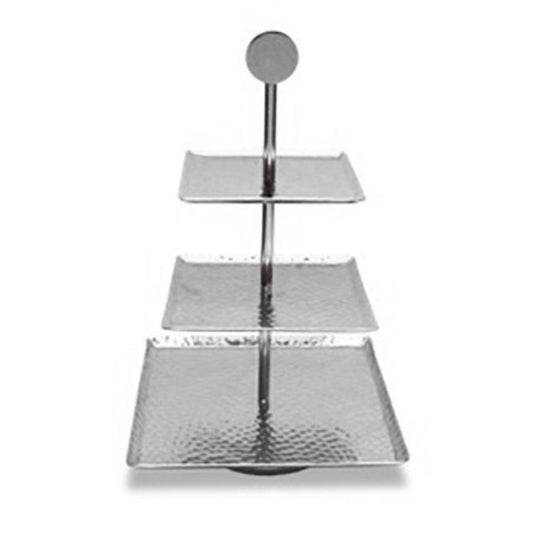 HomeRoots 14" Silver Square Stainless Steel Hammered Handmade Three Tier Tray