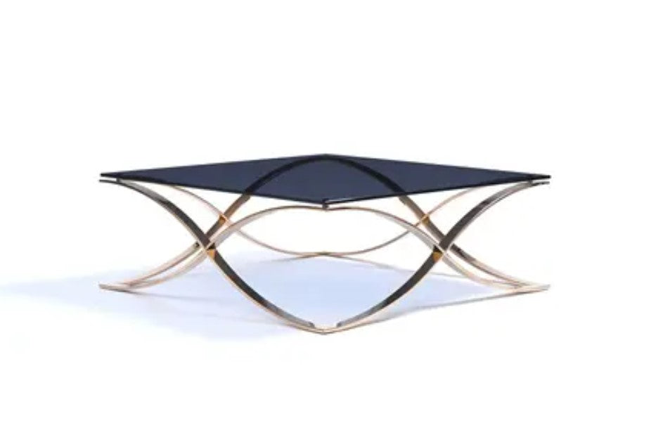 HomeRoots 14" Smoked Glass and Rosegold Stainless Steel Coffee Table