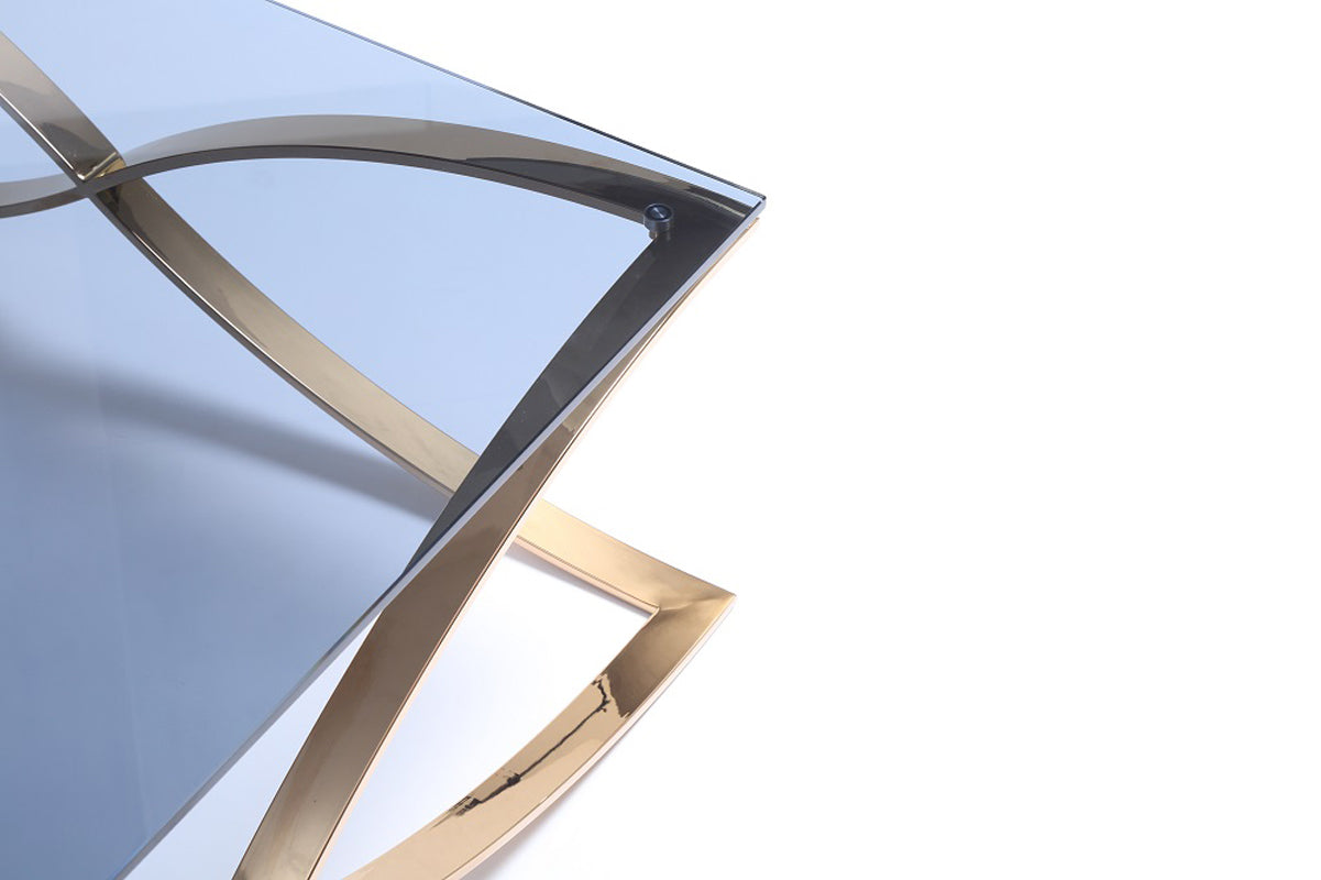 HomeRoots 14" Smoked Glass and Rosegold Stainless Steel Coffee Table