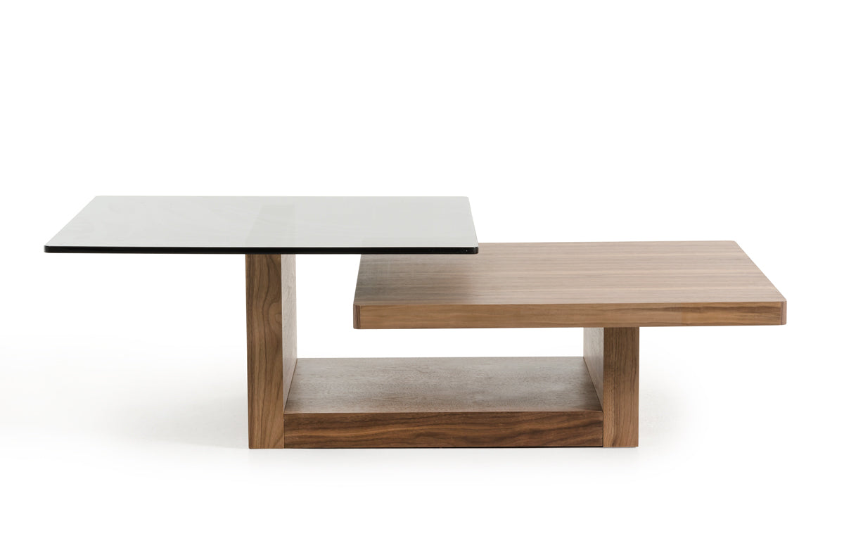 HomeRoots 14" Veneer and Smoked Glass Coffee Table in Walnut Finish