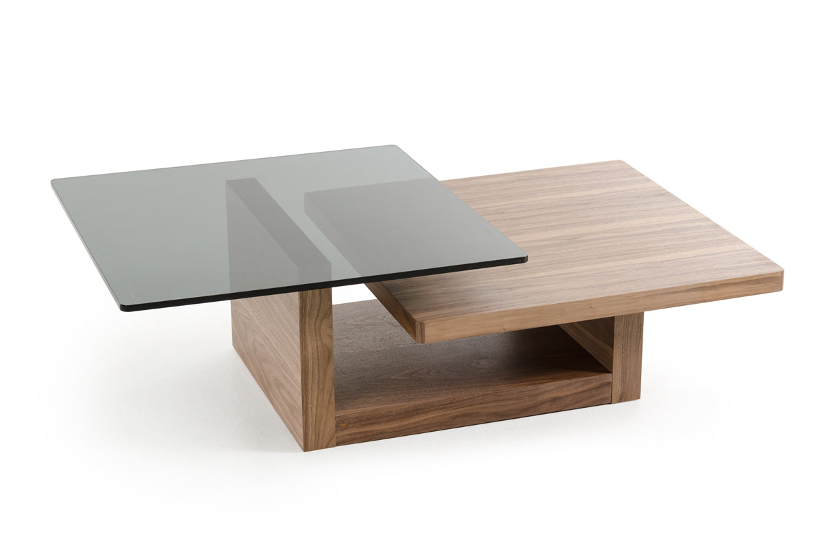 HomeRoots 14" Veneer and Smoked Glass Coffee Table in Walnut Finish