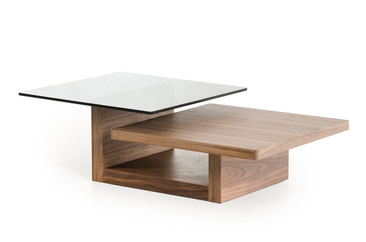 HomeRoots 14" Veneer and Smoked Glass Coffee Table in Walnut Finish