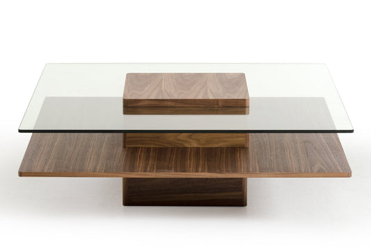 HomeRoots 14' Walnut Veneer and Glass Coffee Table