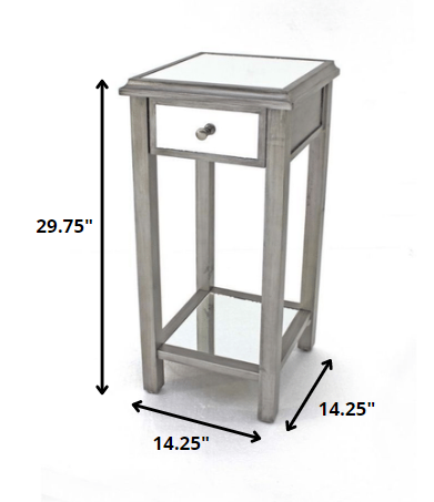 HomeRoots 14.25" x 14.25" x 29.75" Coastal Style Mirrored End Table With 1 Drawer in Silver Finish