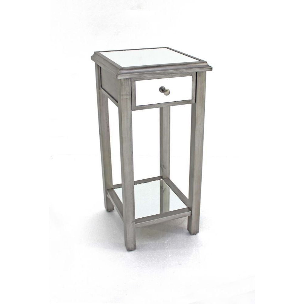 HomeRoots 14.25" x 14.25" x 29.75" Coastal Style Mirrored End Table With 1 Drawer in Silver Finish