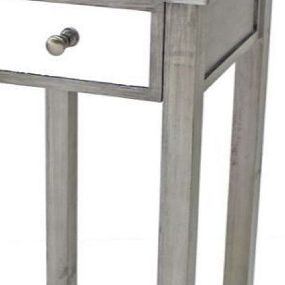 HomeRoots 14.25" x 14.25" x 29.75" Coastal Style Mirrored End Table With 1 Drawer in Silver Finish