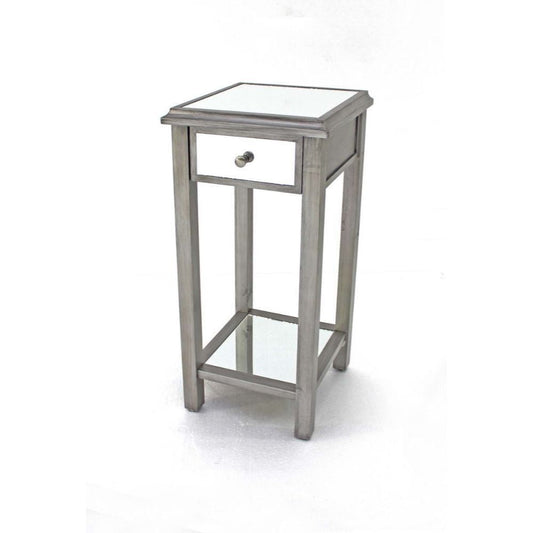 HomeRoots 14.25" x 14.25" x 29.75" Coastal Style Mirrored End Table With 1 Drawer in Silver Finish