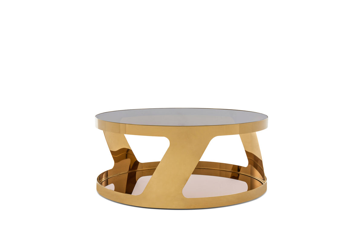 HomeRoots 15" Gold Steel and Glass Round Coffee Table