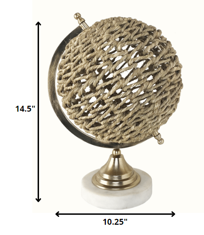 HomeRoots 15" Modern Farmhouse Rustic Jute and Marble Globe Sculpture