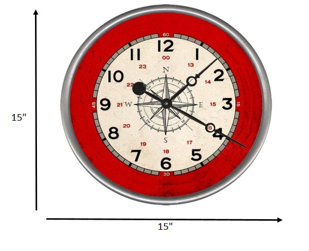 HomeRoots 15" Rustic Red and Cream Compass Wall Clock