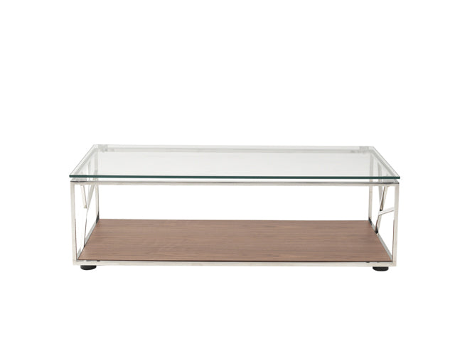 HomeRoots 15" Veneer Glass and Steel Coffee Table in Walnut Finish