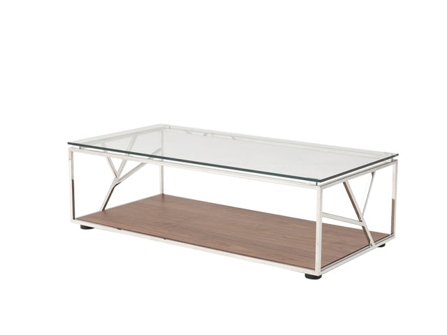 HomeRoots 15" Veneer Glass and Steel Coffee Table in Walnut Finish