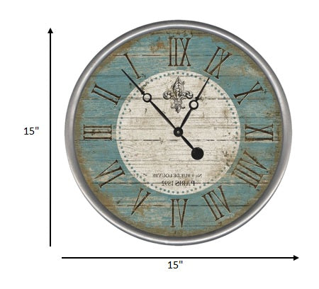 HomeRoots 15" Vintage Teal Fleur de Lis Parisian Wall Clock