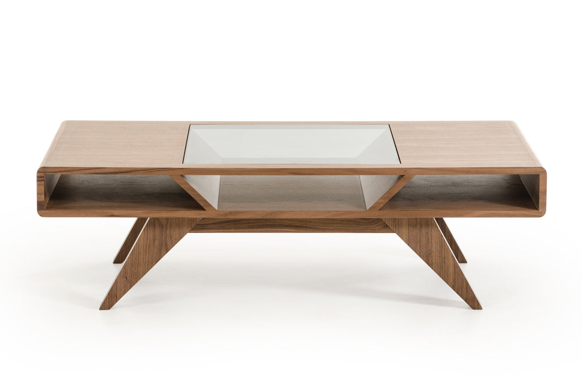 HomeRoots 15" Wood Veneer and Glass Coffee Table in Walnut Finish