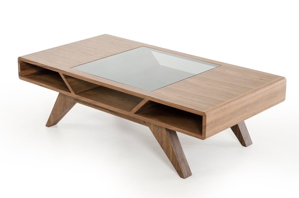 HomeRoots 15" Wood Veneer and Glass Coffee Table in Walnut Finish
