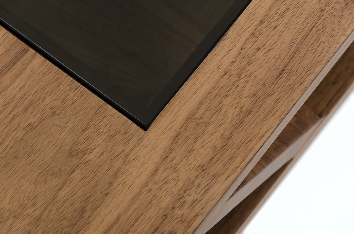 HomeRoots 15" Wood Veneer and Glass Coffee Table in Walnut Finish