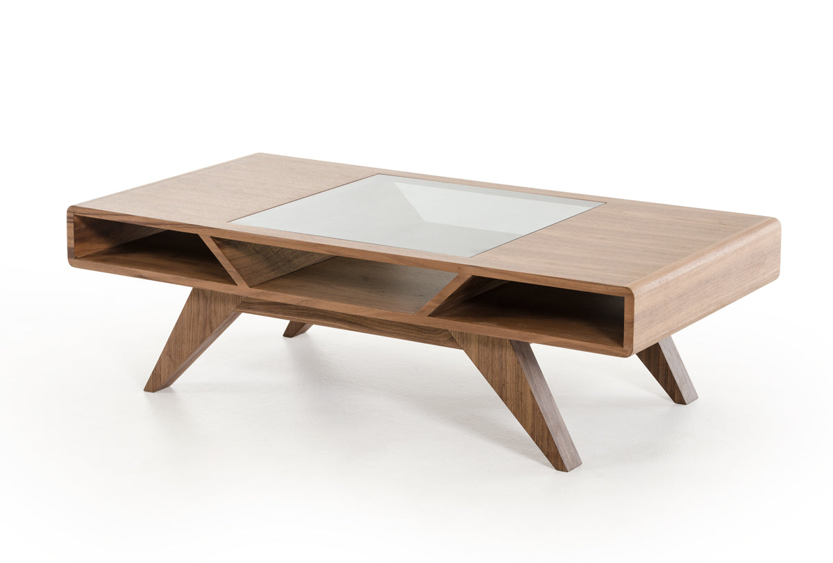 HomeRoots 15" Wood Veneer and Glass Coffee Table in Walnut Finish