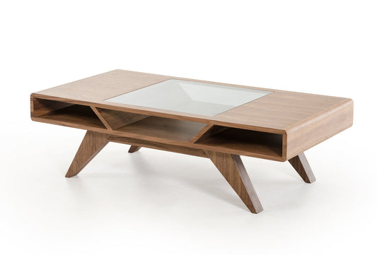 HomeRoots 15" Wood Veneer and Glass Coffee Table in Walnut Finish