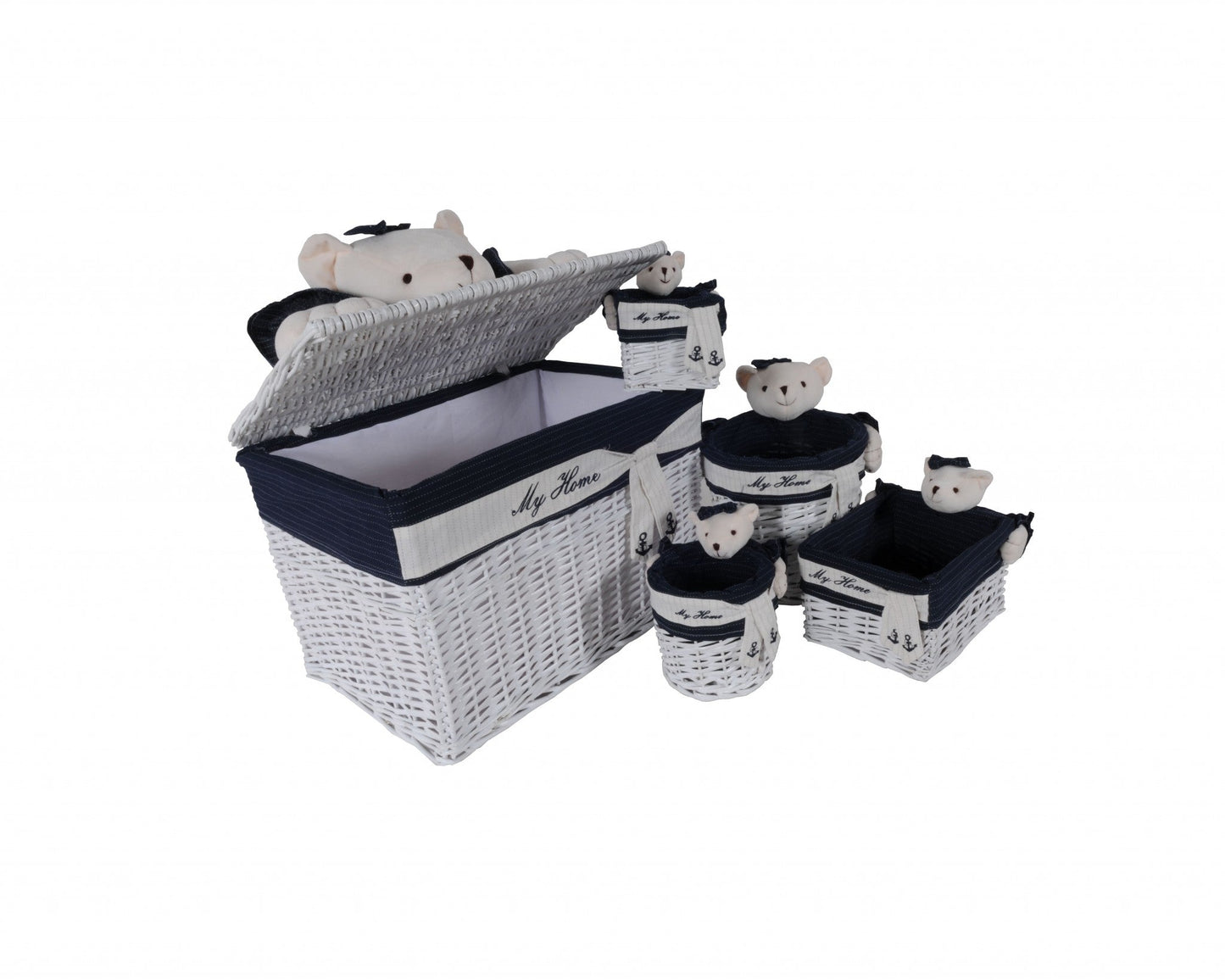 HomeRoots 15.5" x 23.5" x 22" White and Blue Rectangular Bear Design Basket in Set of 5