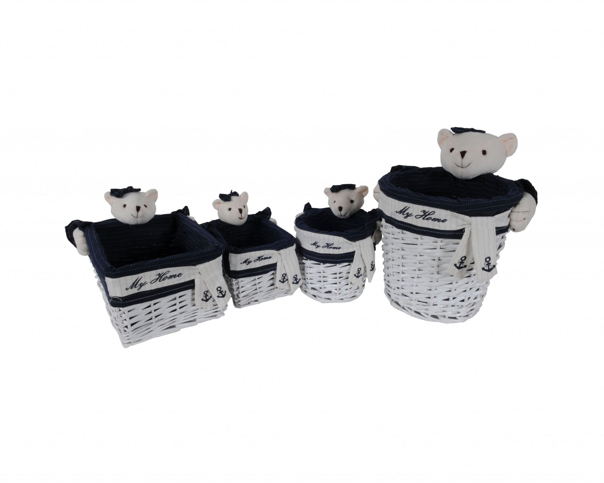 HomeRoots 15.5" x 23.5" x 22" White and Blue Rectangular Bear Design Basket in Set of 5