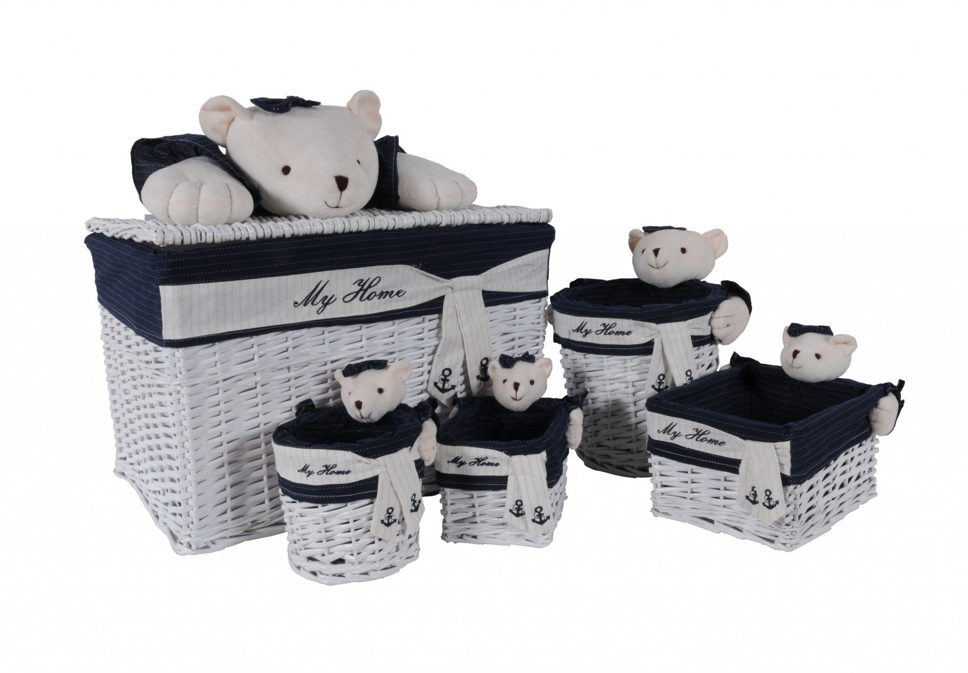 HomeRoots 15.5" x 23.5" x 22" White and Blue Rectangular Bear Design Basket in Set of 5