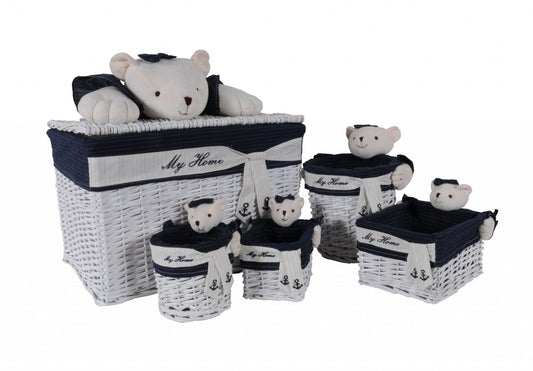 HomeRoots 15.5" x 23.5" x 22" White and Blue Rectangular Bear Design Basket in Set of 5