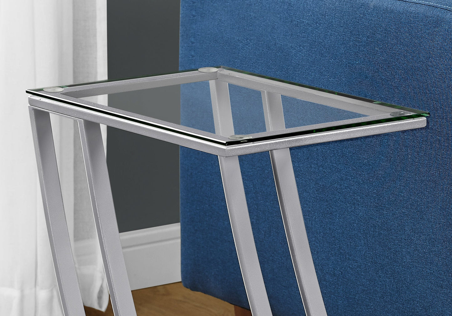 HomeRoots 15.75" x 12" x 24" Metal Tempered Glass Accent Table With Silver and Clear Finish