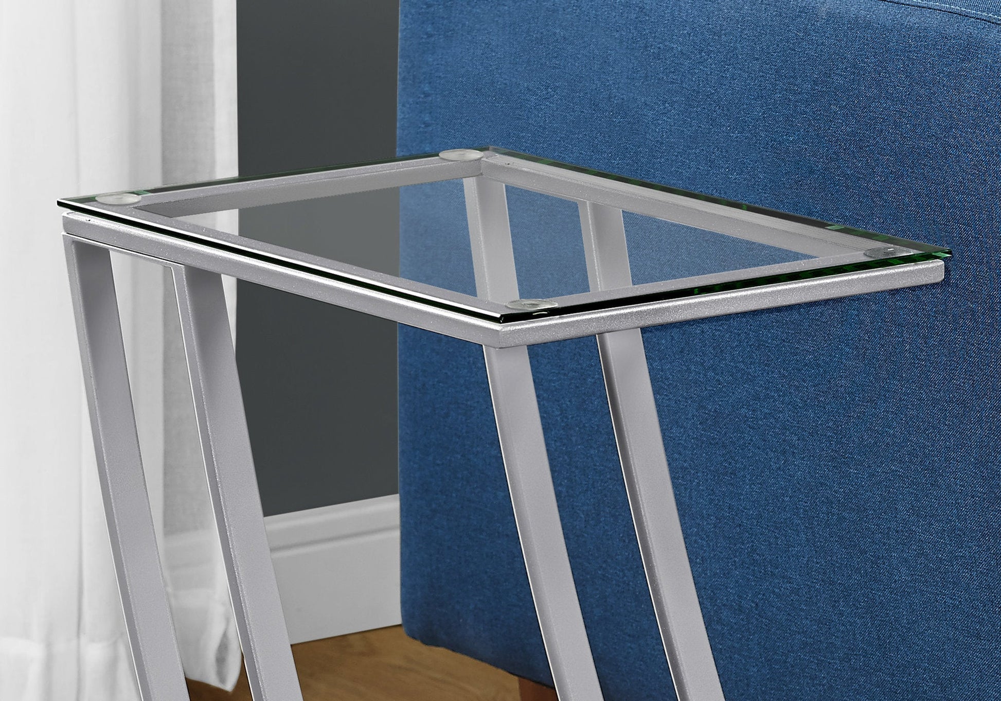 HomeRoots 15.75" x 12" x 24" Metal Tempered Glass Accent Table With Silver and Clear Finish