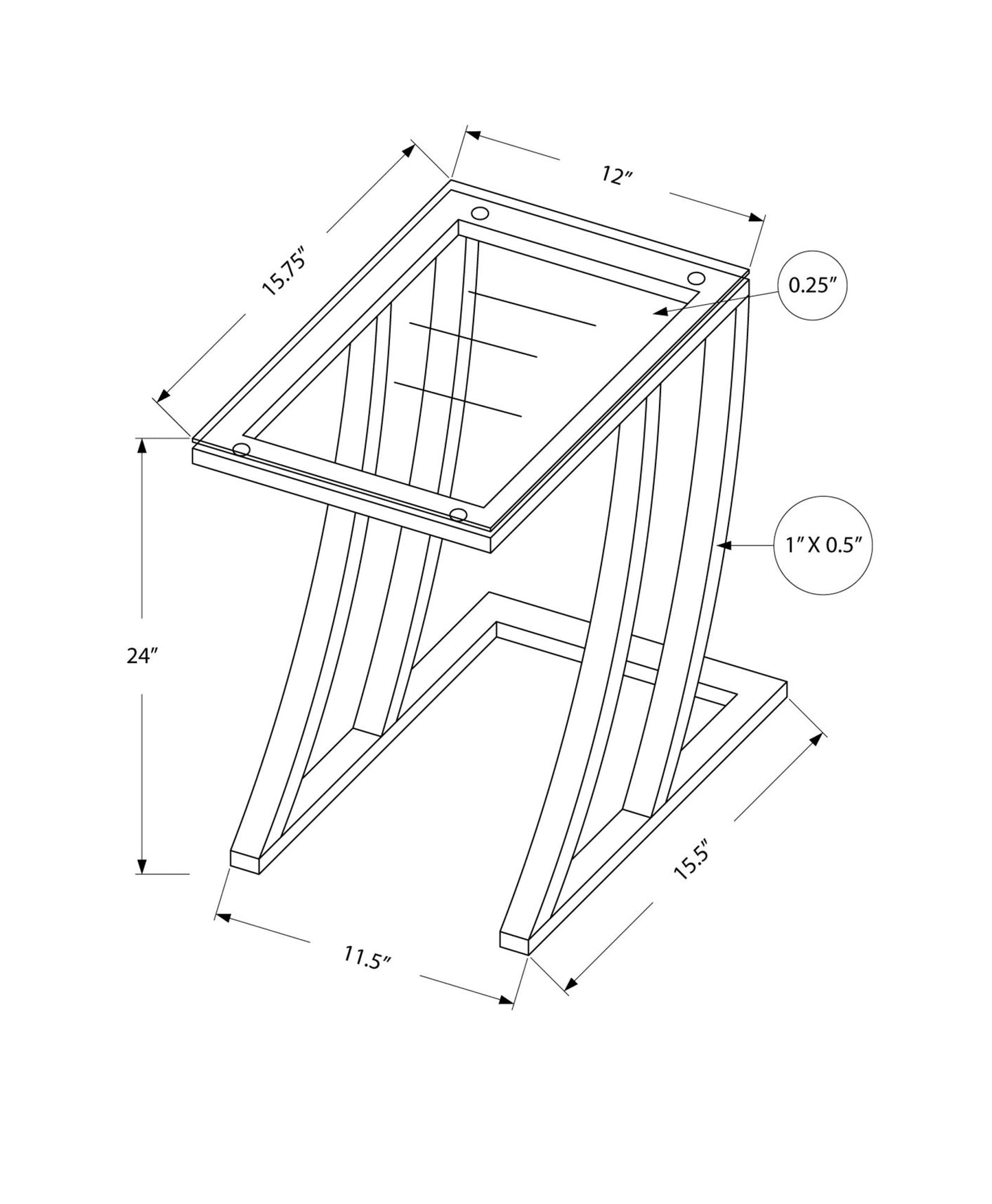 HomeRoots 15.75" x 12" x 24" Metal Tempered Glass Accent Table With Silver and Clear Finish