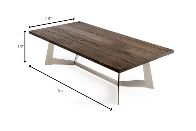 HomeRoots 16" Dark Aged Oak Wood Veneer and Steel Coffee Table