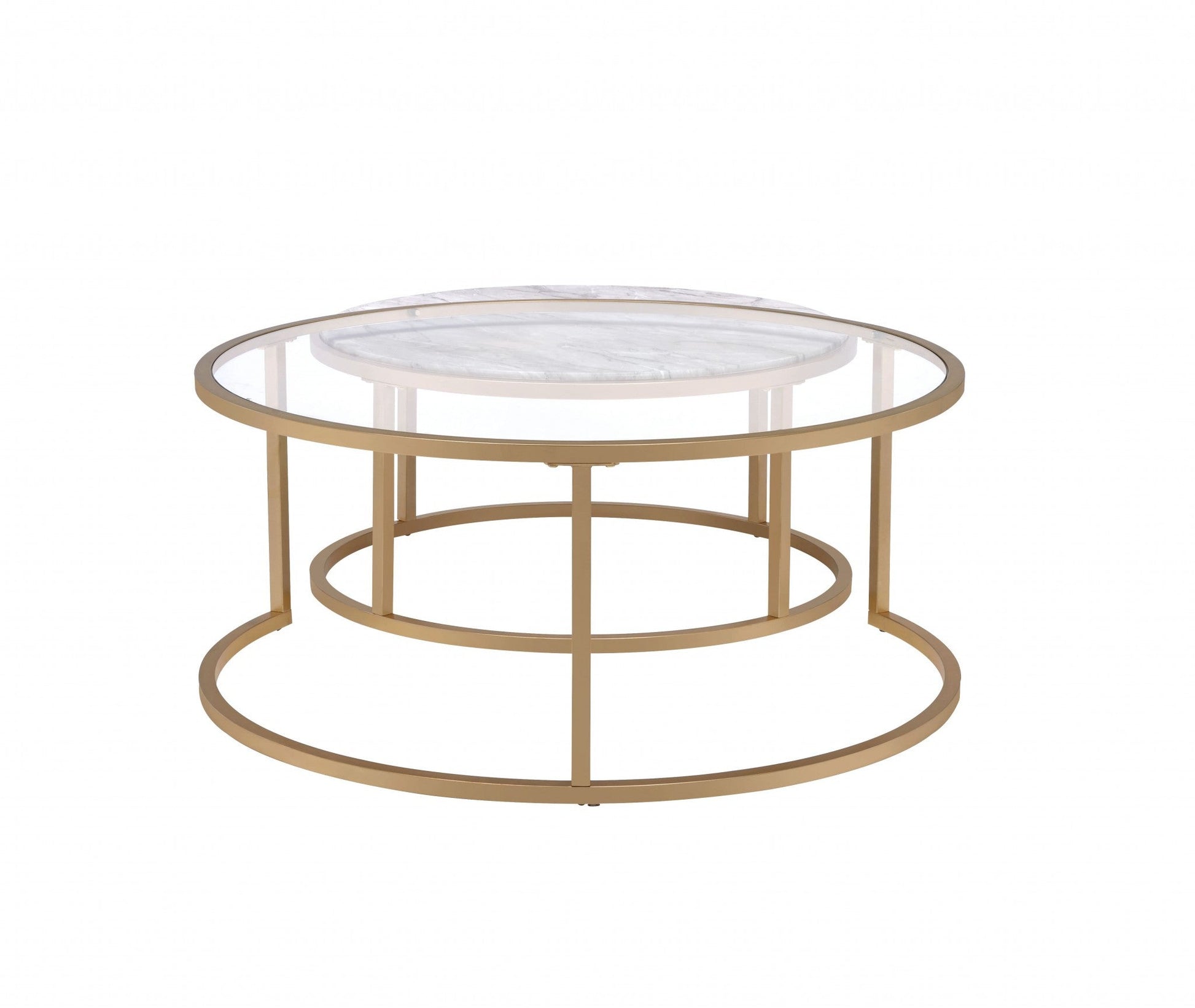 HomeRoots 16" Round Mirrored Nested Tables With Gold And Clear Glass Finish