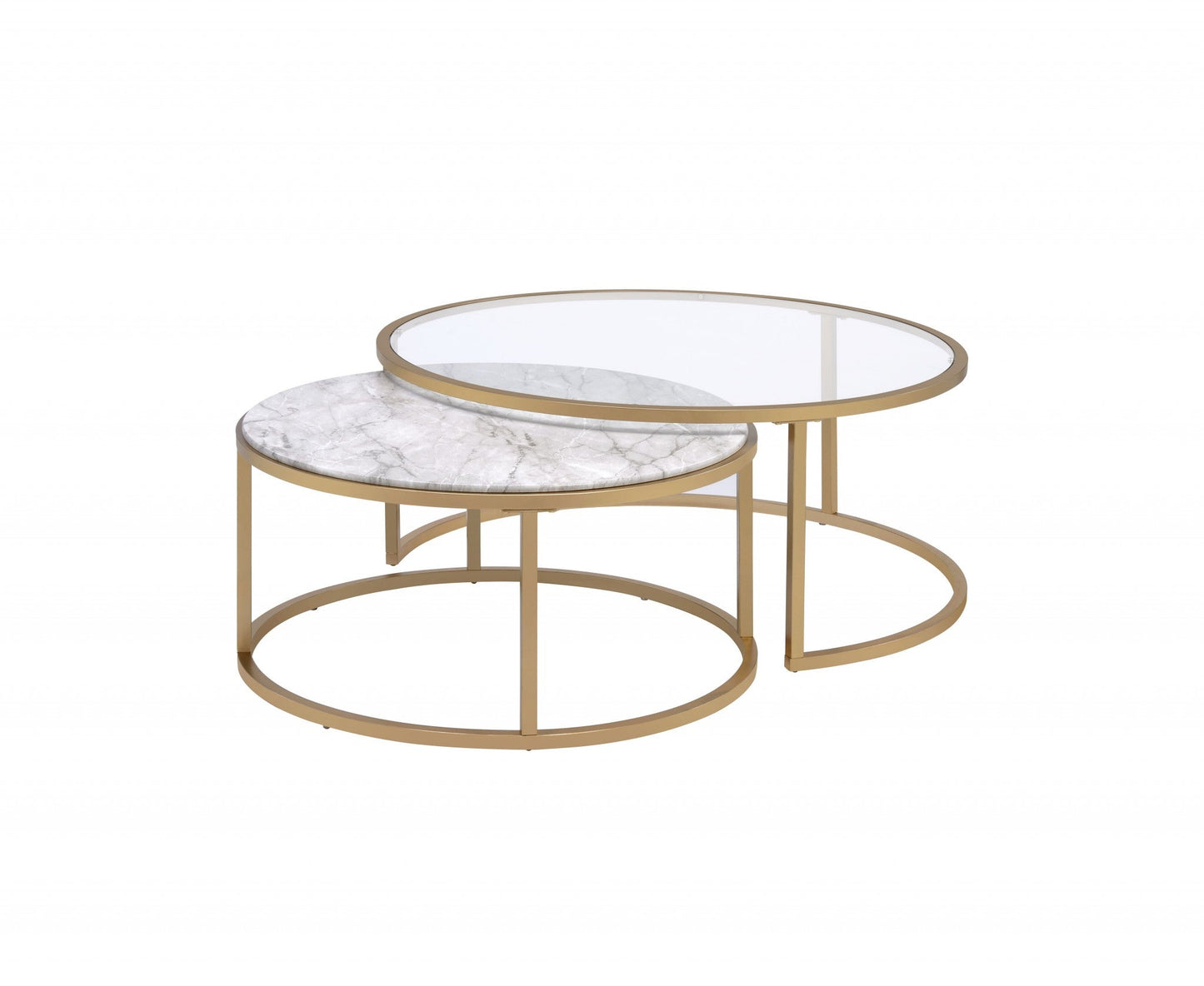 HomeRoots 16" Round Mirrored Nested Tables With Gold And Clear Glass Finish