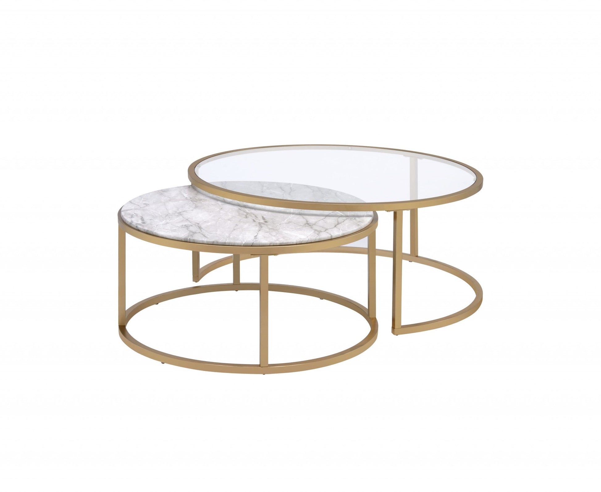 HomeRoots 16" Round Mirrored Nested Tables With Gold And Clear Glass Finish