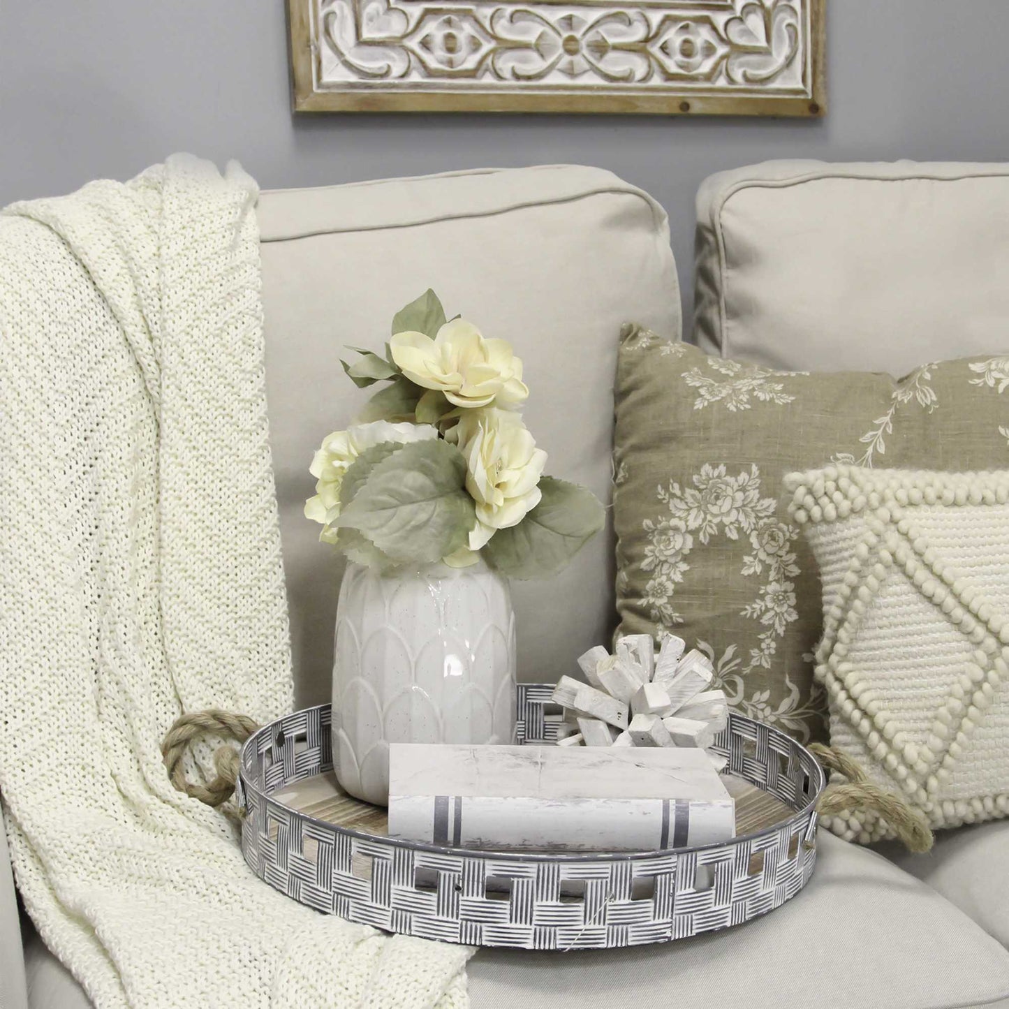 HomeRoots 16" Rustic Round Metal And Wood Tray With Grey Wash Finish