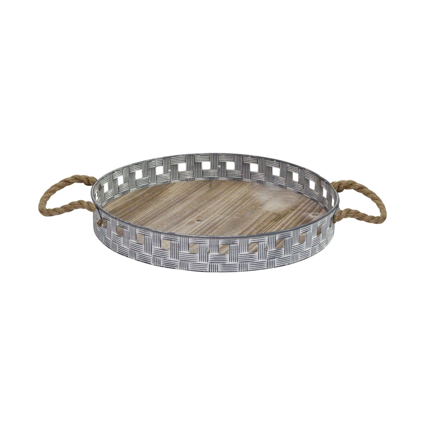 HomeRoots 16" Rustic Round Metal And Wood Tray With Grey Wash Finish