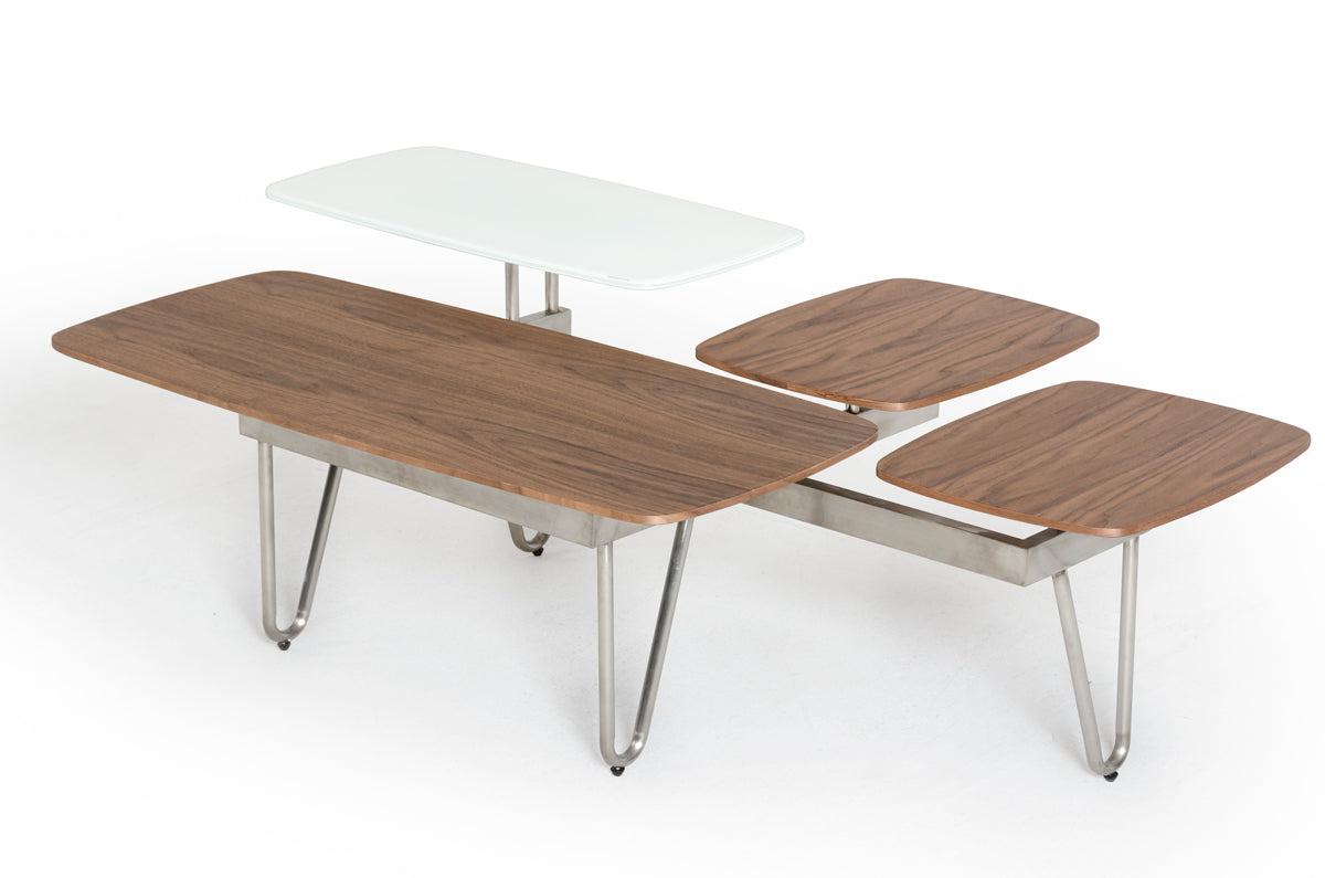 HomeRoots 16" Veneer Metal and Glass Coffee Table in Walnut Finish