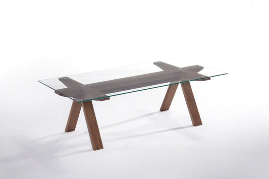 HomeRoots 16" Walnut Wood and Glass Coffee Table