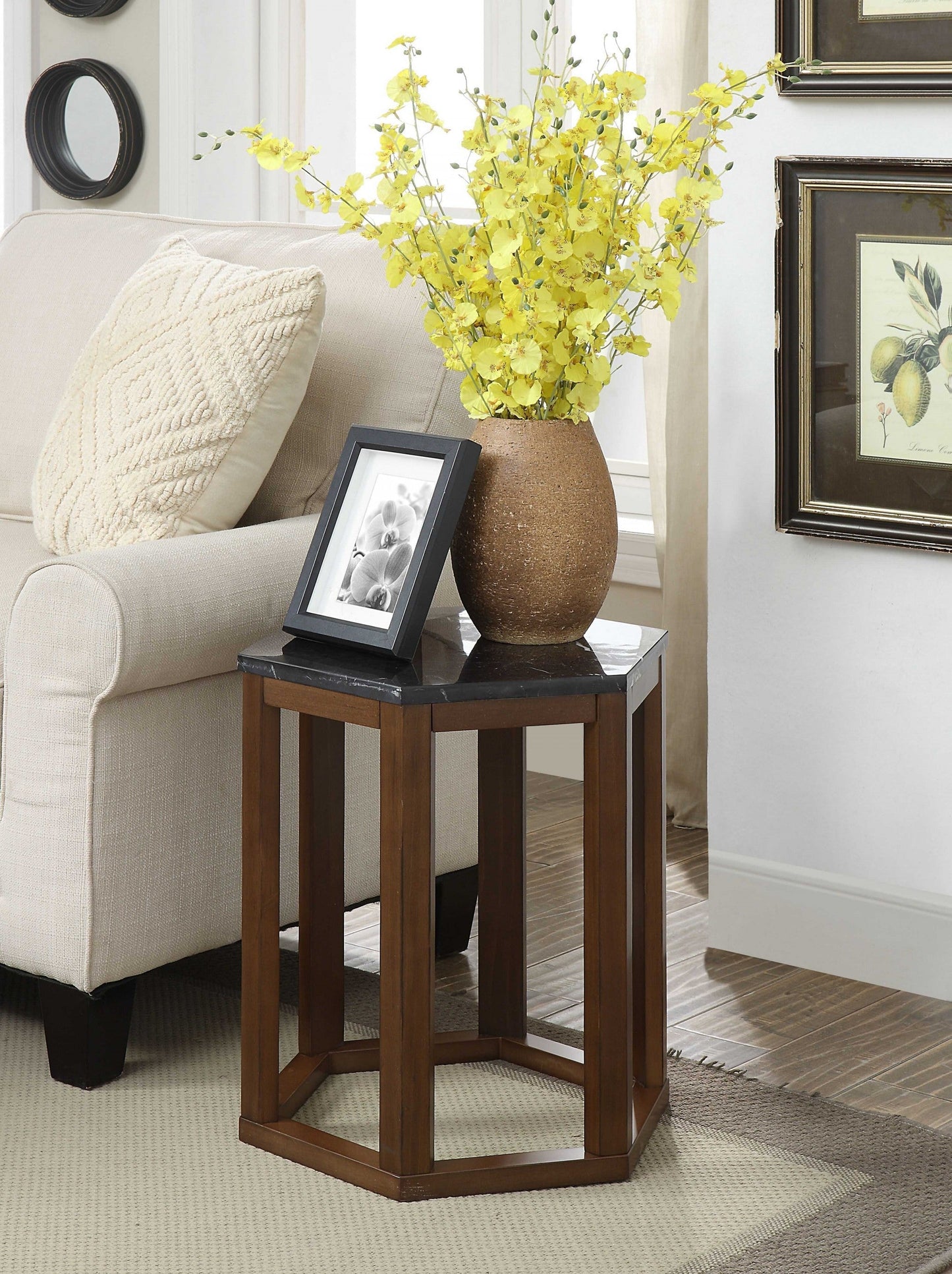 HomeRoots 16" x 18" x 20" 2-Piece End Table With Walnut Marble Wood Finish