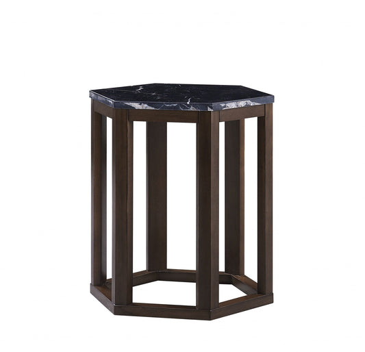 HomeRoots 16" x 18" x 20" 2-Piece End Table With Walnut Marble Wood Finish