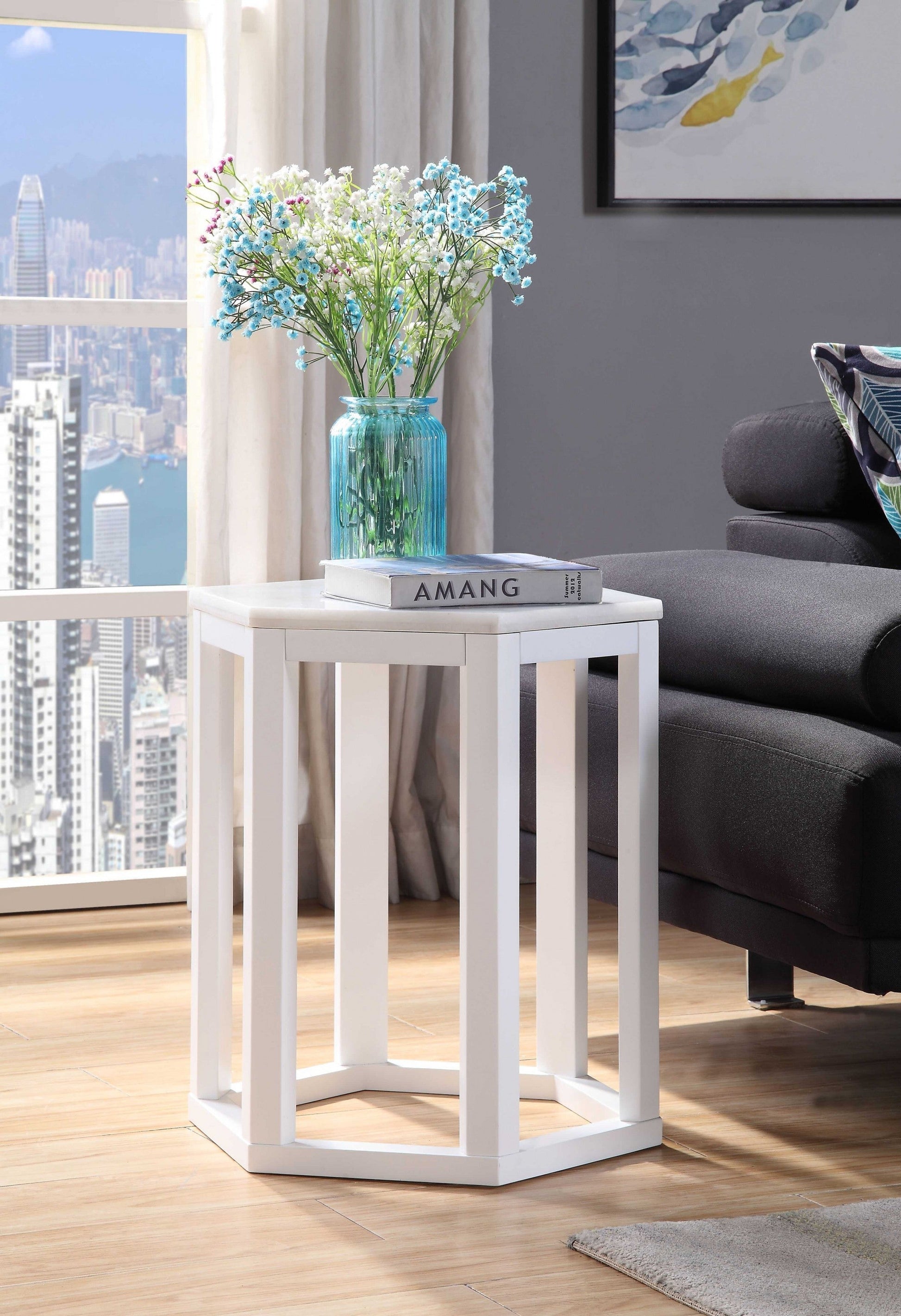 HomeRoots 16" x 18" x 20" 2-Piece End Table With White Marble Wood Finish