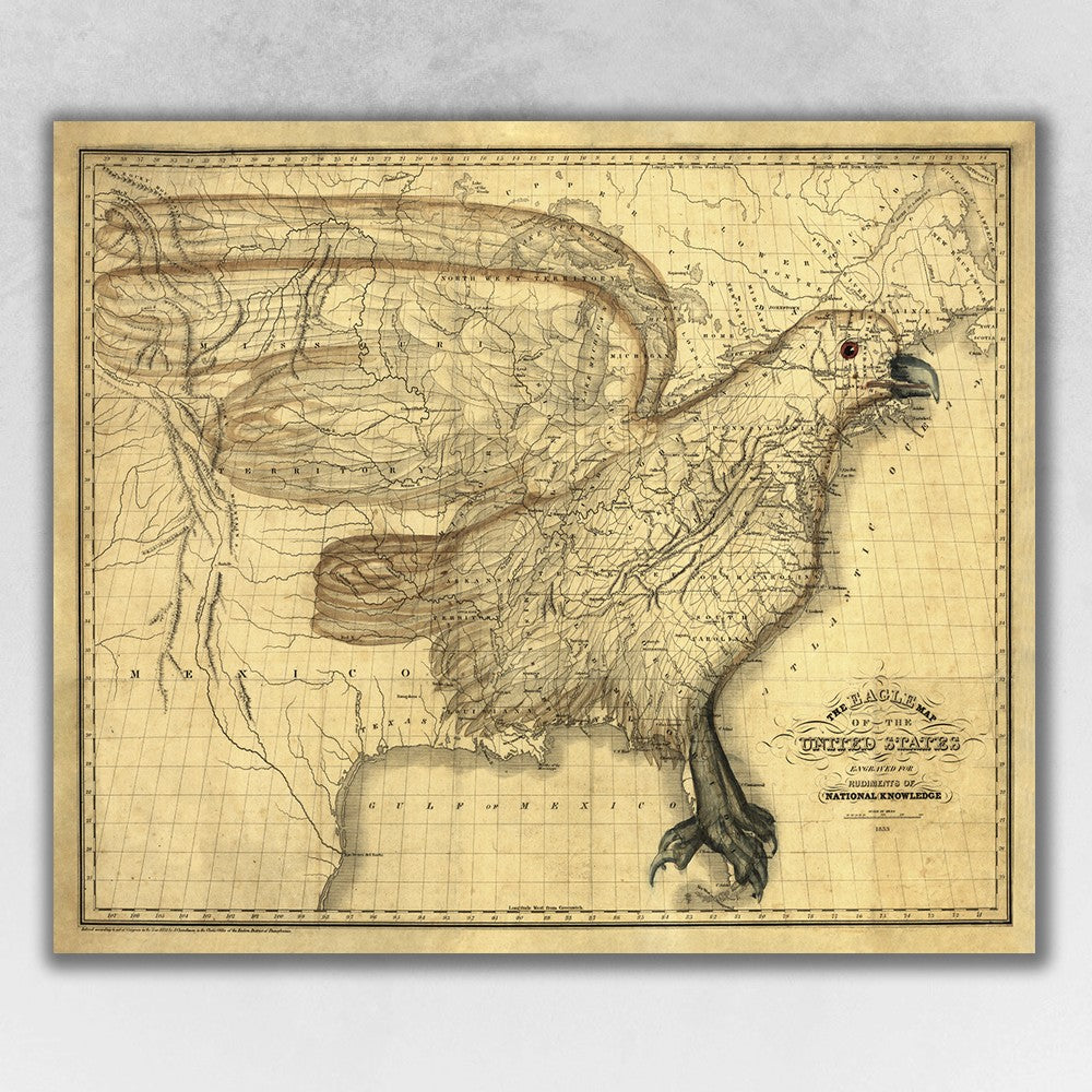 HomeRoots 16" x 20" Eagle Map of America c1833 Vintage Poster Wall Art