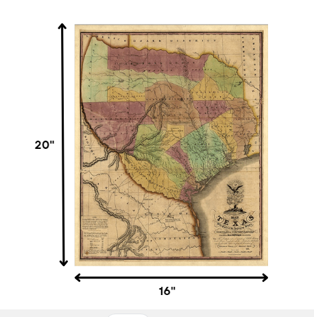 HomeRoots 16" x 20" Texas and Surroundings c1837 Vintage Map Poster Wall Art