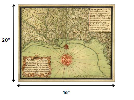 HomeRoots 16" x 20" c1747 Map of the Gulf Coast Vintage Poster Wall Art