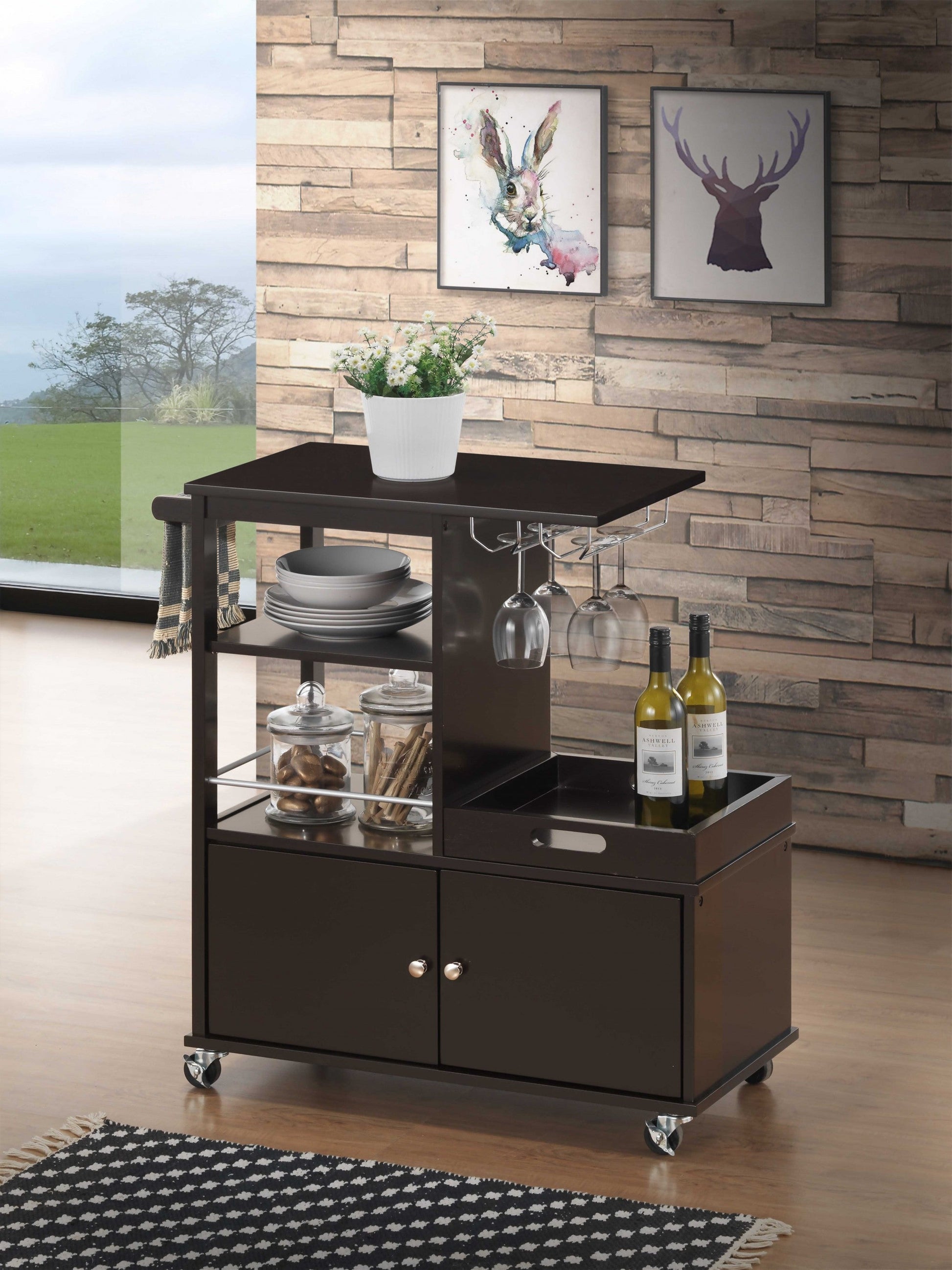 HomeRoots 16" x 34" x 34" Wood Casters Kitchen Cart in Wenge Finish